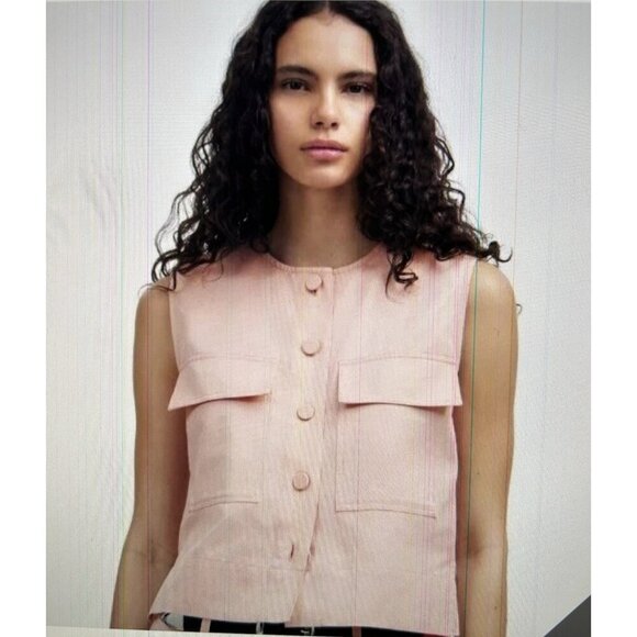 Madewell Crop Cargo Pocket Crewneck Top Womens Pale Blush Button Up Boxy Sz XL - Picture 1 of 11